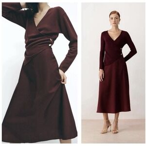 Zara‎ Womens Wrap Dress Large Burgundy Midi V-Neck Long Sleeve Knit